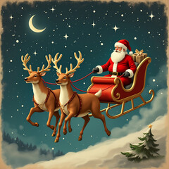 Santa Claus rides a red sleigh pulled by two reindeer through a starry night sky