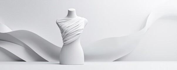 3D model of a fashion designer draping fabric on a mannequin, bright studio lighting, Fashion design in progress, Creative fashion workspace