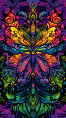 Psychedelic butterfly with vibrant colors and intricate details.