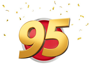 Gold Number 95 Gold Number Ninety Five On Rounded Red Icon with Particles, 3d illustration
