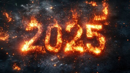 The number "2025" engulfed in realistic flames, with sparks flying in every direction. The numerals appear metallic, glowing from the heat, with ember particles floating around. Use a dark, smoky