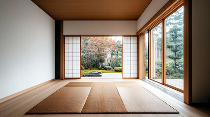 Fototapeta premium Serene interior of a modern Japanese room with a view of a garden.