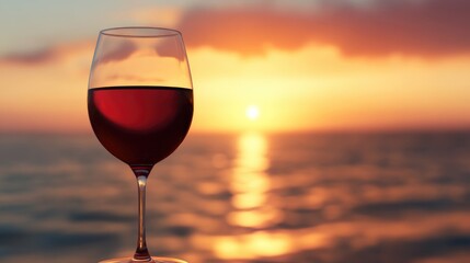 A tranquil evening scene featuring a glass of red wine set against a warm sunset embodying relaxation and the pleasure of life