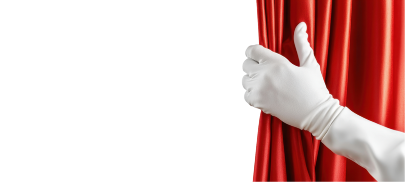 A hand in a white glove pulls back a red curtain, revealing a white background, suggesting a theatrical or dramatic unveiling. transparent background