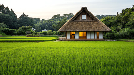 Obraz premium Traditional thatched roof house surrounded by lush green rice fields.