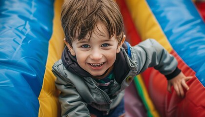 Bouncing with Joy: Adorable 2-Year-Old Boy Smiling on an Inflatable Bouncy Castle