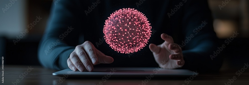 Fototapete Laptop and mobile connected to global network of quantum computing applications, quantum communication systems, quantum encryption technology, and quantum data analytics.