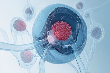 3D medical illustration of a transparent human bladder showing bladder cancer and the surrounding tissues