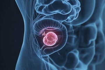 3D medical illustration of a transparent human bladder showing bladder cancer and the surrounding tissues, in a blue and gray color scheme