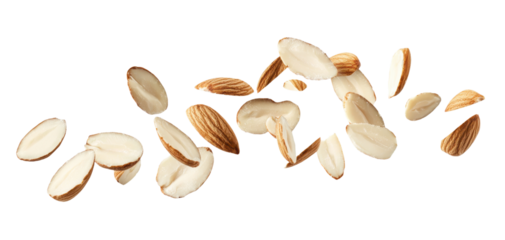 A collection of scattered sliced almonds against a white background, showcasing their light, creamy texture and natural shape. transparent background