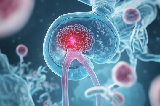 3D illustration of a transparent human bladder showing bladder cancer and the surrounding tissues, in a blue and gray color scheme