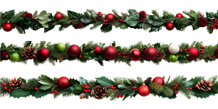 Set of Decorative Christmas garland with ornaments and greenery isolate on transparent background, cutout, png