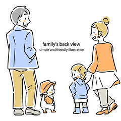 若い家族の後ろ姿　四人　カラフルでお洒落な線画イラスト