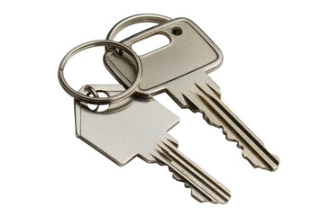 Two metallic keys on a keyring, one shaped like a house, set against a white background, symbolizing security and ownership. transparent background