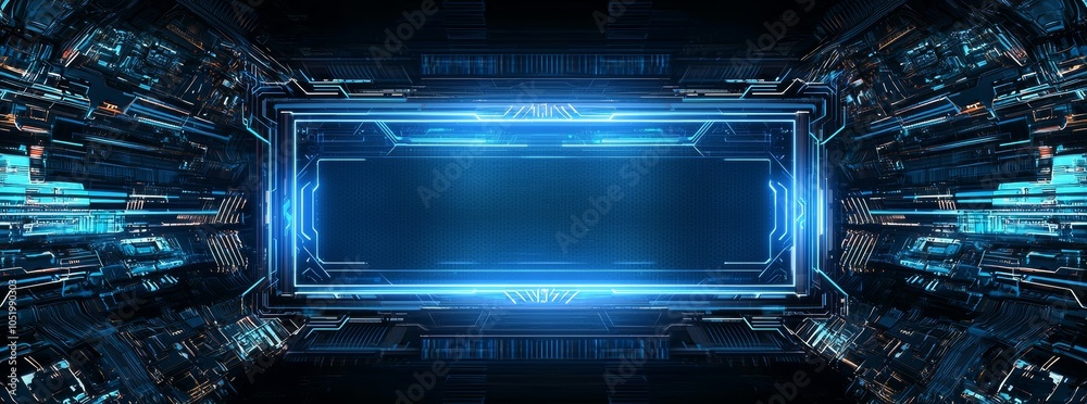 Aufkleber An abstract design concept for a futuristic digital screen or video game interface with a blue technology background with neon lights and empty text area surrounding a blue frame border.