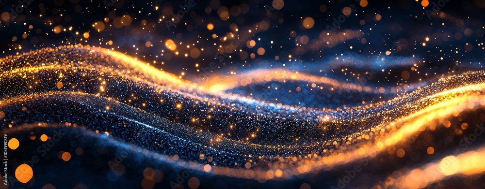Poster Flow of abstract data with glowing blue and orange dots on a dark wave.