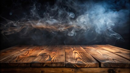 Dark and Moody Wooden Table with Smoke on Black Background for Dramatic Atmosphere