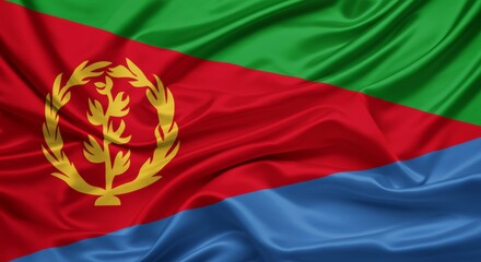 Eritrean national flag with bold colors and olive wreath emblem.