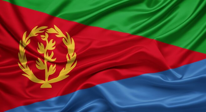 Eritrean national flag with bold colors and olive wreath emblem.