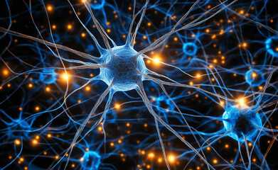 Close-up of neural network connections, represented by glowing blue neurons and synapses with orange sparks.
