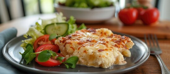 A Plate Of Cauliflower Cheese Or Gratin Served With A Salad Of Tomato Lettuce And Cucumber With The Serving Bowl In The Background
