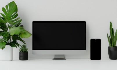 Flat design devices mockup template. Computer monitor, computer, laptop, phone, tablet isolated on green background.