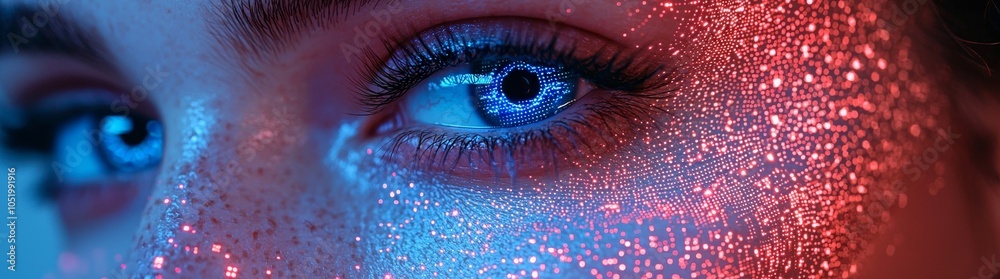 Poster symbolizing technology and innovation, a close-up of a human eye layered with a futuristic digital n