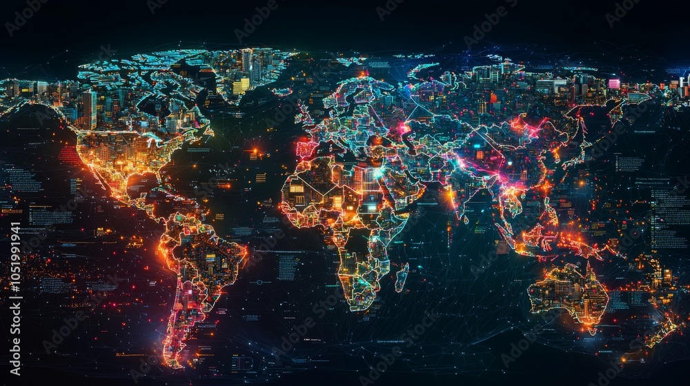 Sticker a holographic world map with data points highlighting smart city developments across various countri