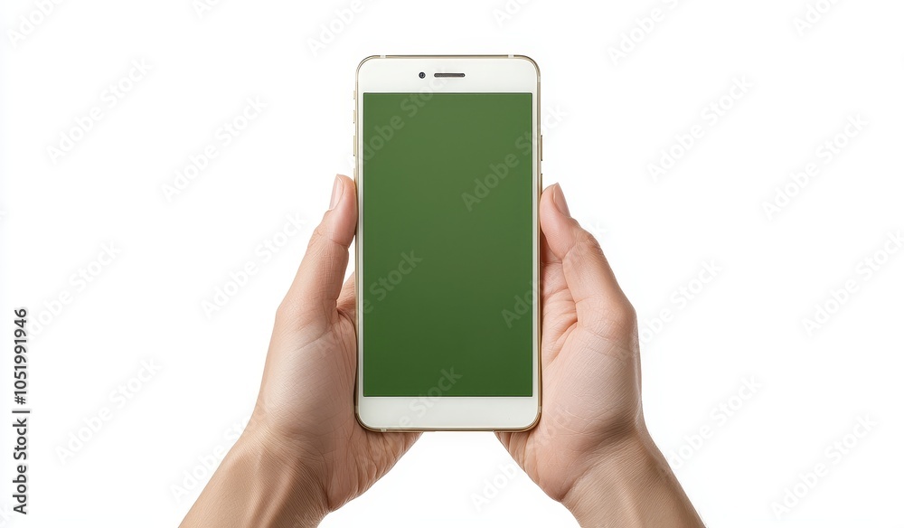 Poster screen shot of a smartphone with a green chroma key for mockup, isolated on a white background of a 