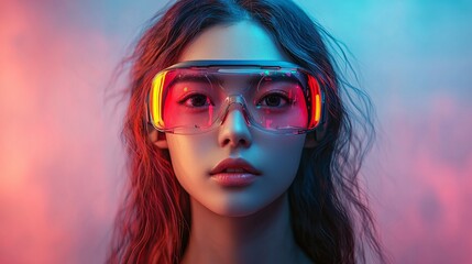 Obraz premium Virtual reality glasses with neon lights worn by a person