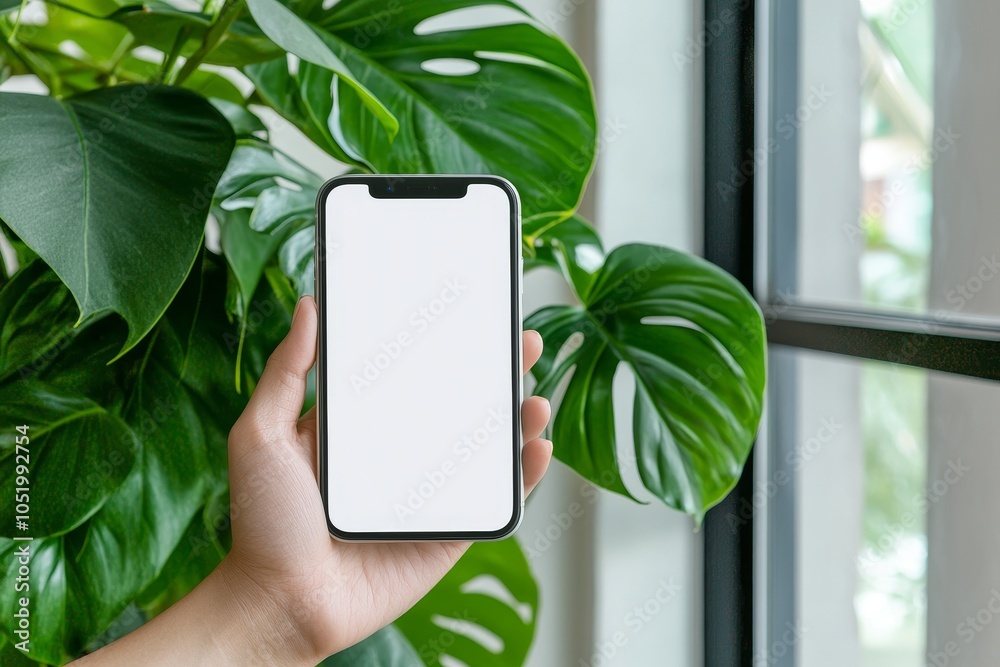 Poster an empty smartphone screen in front of a green plant.
