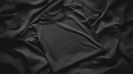 Fototapeta premium Black T-Shirt Mockup on Wrinkled Fabric Background - Minimalist Style
