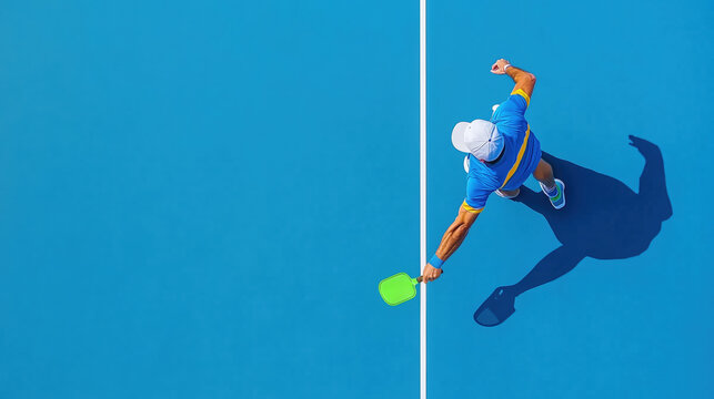 High angle photo showing pickleball player preparing to serve with paddle