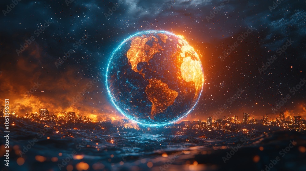Poster an illuminated digital globe with continent highlights sits on an illuminated circuit board, perfect