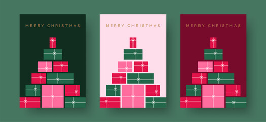 Christmas Card Vector Design Template. Merry Christmas Greeting Card with Christmas Presents Illustration. Stacked Christmas Gifts. Modern Festive Design for Greeting Cards, Poster, Holiday Cover