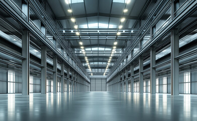 Obraz premium Spacious, empty industrial warehouse interior with high ceilings and bright overhead lights.