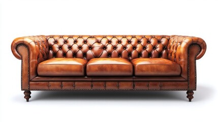 A classic brown leather Chesterfield sofa with tufted buttons and wooden legs, isolated on a white background.