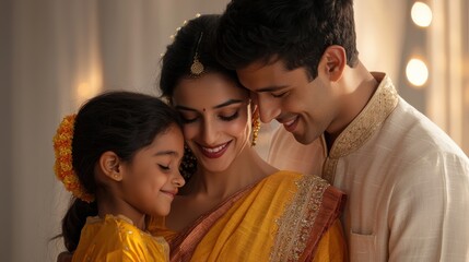 Obraz premium joyful family moment captured during festive celebration, showcasing woman, man, and girl in traditional Indian attire. Their smiles reflect love and happiness
