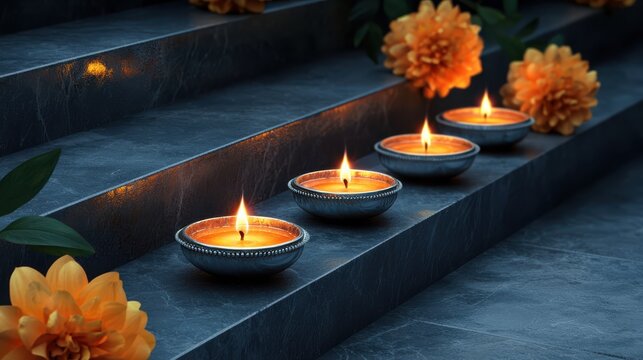 Elegant diya lamps illuminate steps, surrounded by vibrant marigold flowers, creating warm and inviting atmosphere for Diwali celebrations