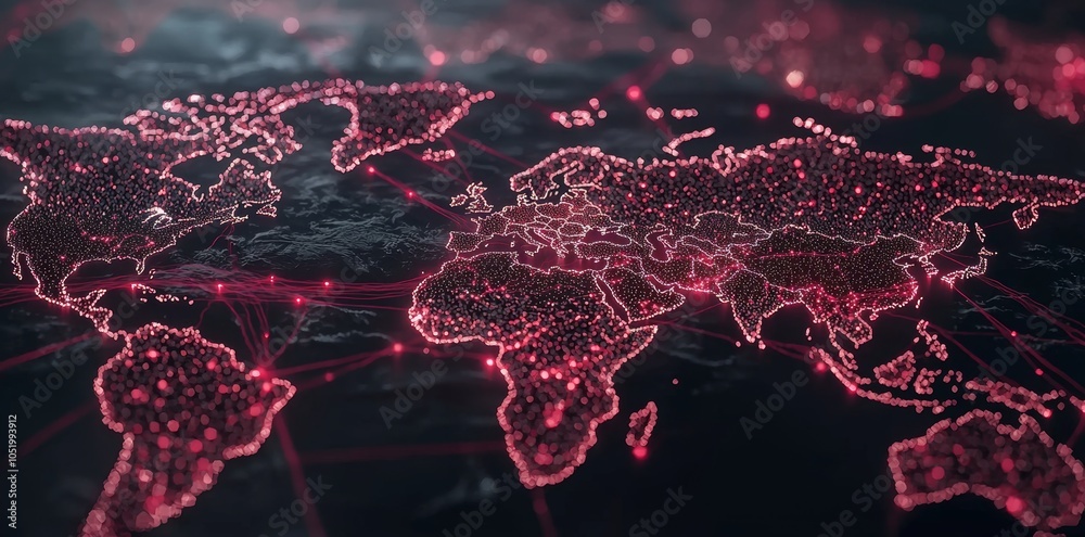 Poster a world map illuminated with glowing points represents global connections, technology, communication