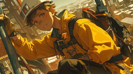 anime man wearing construction worker uniform working in urban area