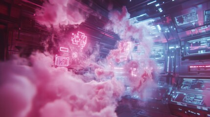 Fototapeta premium A futuristic, neon-lit room with glowing pink clouds and digital interfaces.