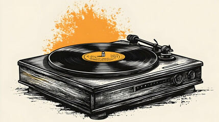 Vintage record player with vinyl on a white background with an orange splash.