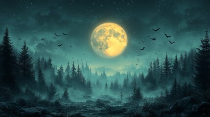 Fototapeta premium Moonlit Haunting: A Halloween Forest Scene with Eerie Ambience and Flying Bats