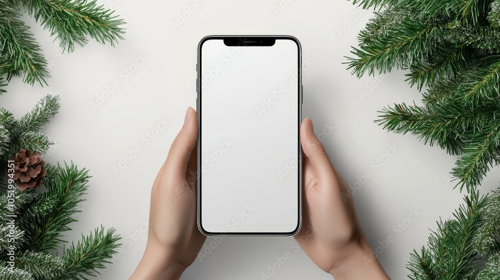 Poster this mockup depicts a man holding a white-screen phone in front of a beautiful green christmas tree 