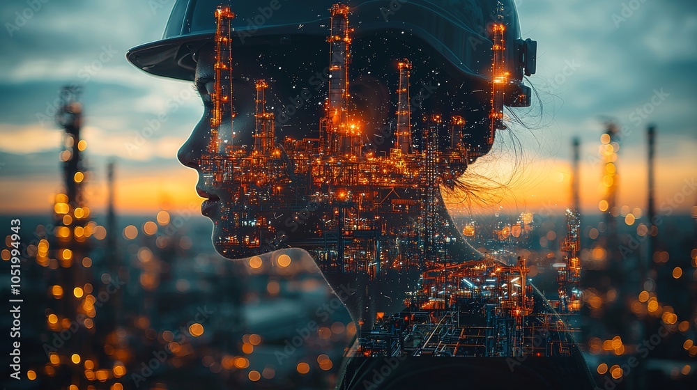 Poster the image depicts a man wearing a hard hat in a cityscape. the man represents the human element in a
