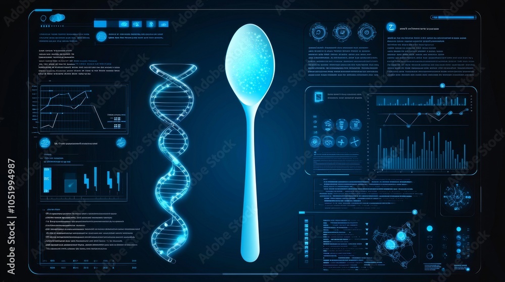 Poster DNA sequence hologram on a digital HUD with health data and 3D technology.