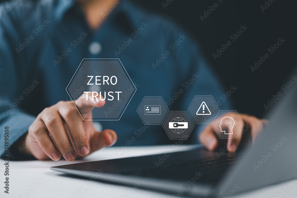 Leinwandbilder Zero trust security concept, Person using computer laptop with zero trust icons on virtual screen for business information security network.