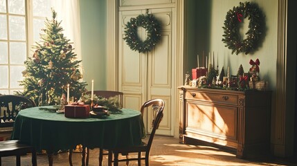 Bright dining room interior with green tablecloth, Christmas tree, wreath, candles, wooden console, and gifts
