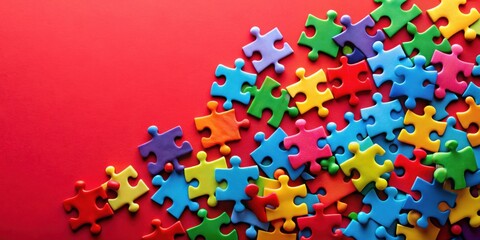Colorful jigsaw puzzle pieces on vibrant red background for creative teamwork challenge
